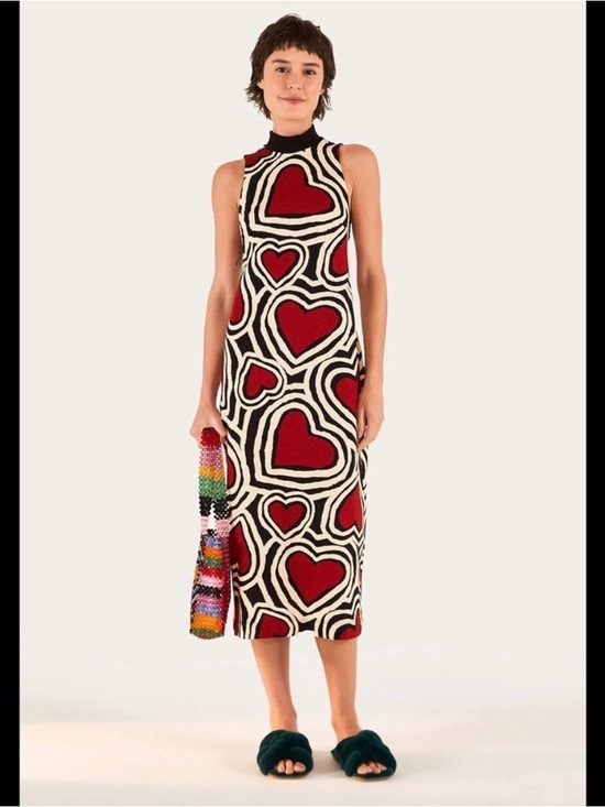 FARM Rio Dresses & Skirts - FARM Rio Red Heart Knit Midi Dress with Black & Cream Motif